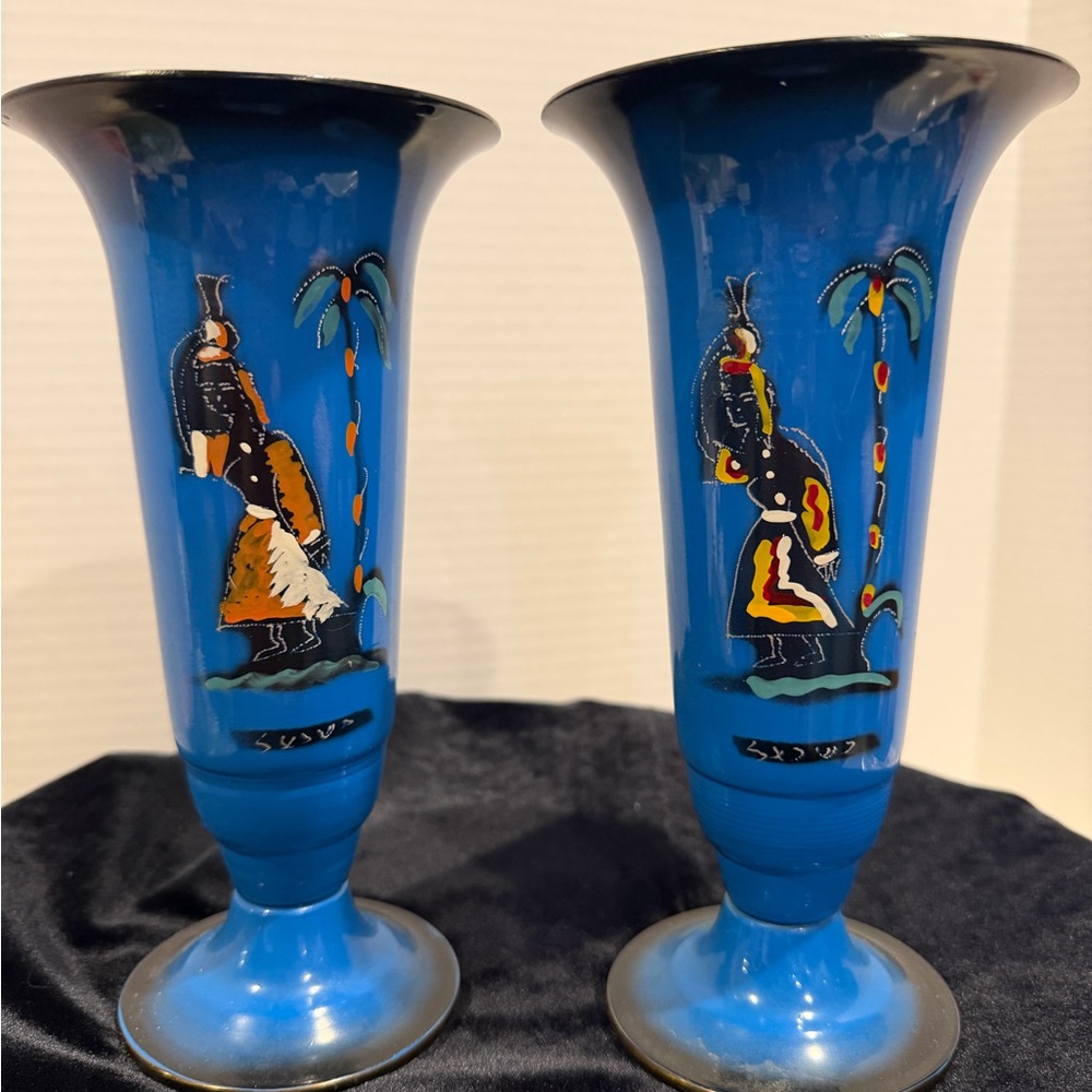 Vintage Israeli  blue metal 8” tall vases Hand painted  set of 2